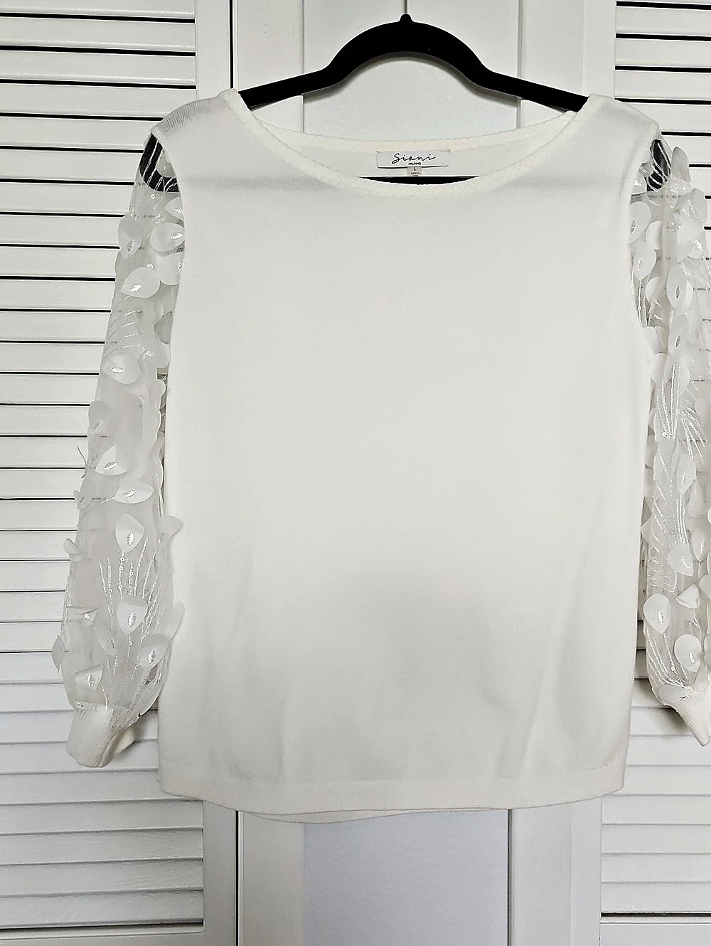Sioni Milano White Statement Sleeve Top, Size Large
